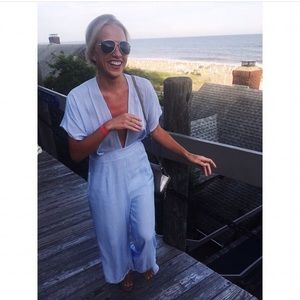 VICI Blue White Pin Stripe Jumpsuit Low Cut V Neck Size M Relax Fit